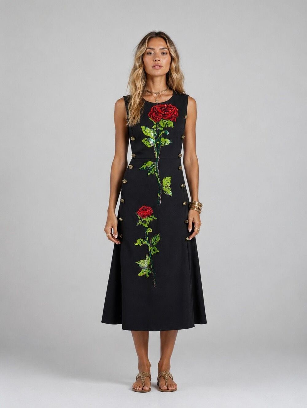 Vintage Black Sequin Rose Midi Dress Sleeveless Floral Rhinestone Side Buttons M